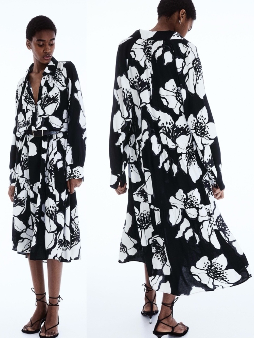 H&M 100% Viscose / Rayon Calf Length Tiered Shirt Dress Hidden Button Front Sz L